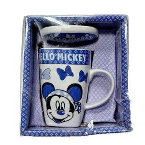 Hello Mickey Small Tea Cup With Lid Blue & White Mickey Mouse Coffee Cup/Mug New